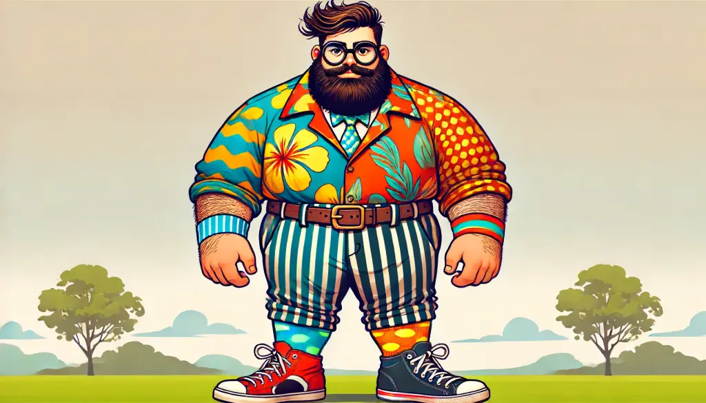 Cartoon illustration of a bearded man wearing a colorful, mismatched outfit with floral, striped, and polka dot patterns, and different colored shoes.