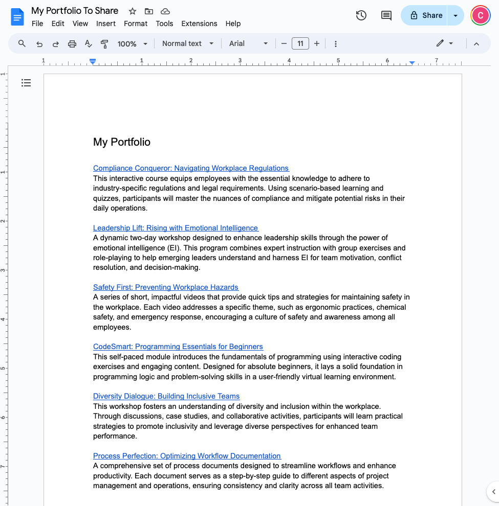 Document titled "My Portfolio" with listed contents: Compliance Conqueror, Leadership Lift, Safety First, CodeSmart, Diversity Dialogue, and Process Perfection.
