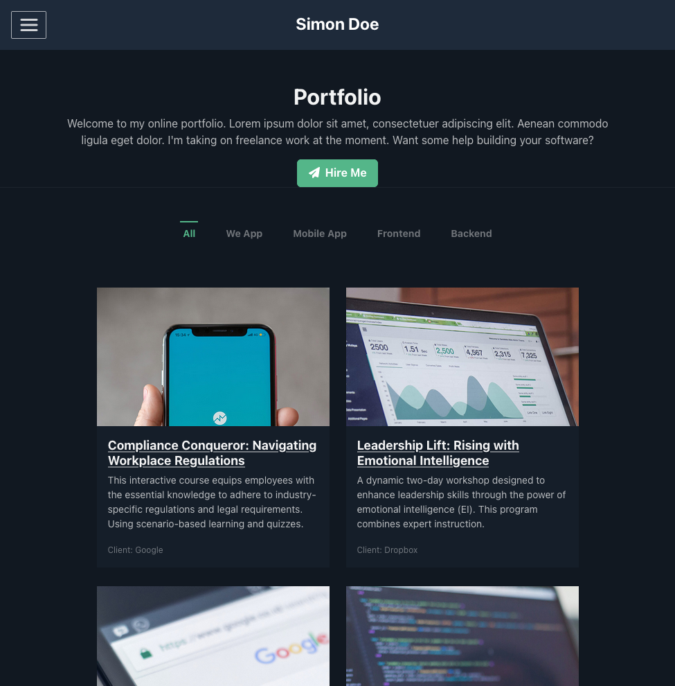 Example Portfolio webpage for featuring a welcoming message, a "Hire Me" button, and projects categorized into All, We App, Mobile App, Frontend, and Backend. The projects displayed include "Compliance Conqueror: Navigating Workplace Regulations" for Google, and "Leadership Lift: Rising with Emotional Intelligence" for Dropbox.