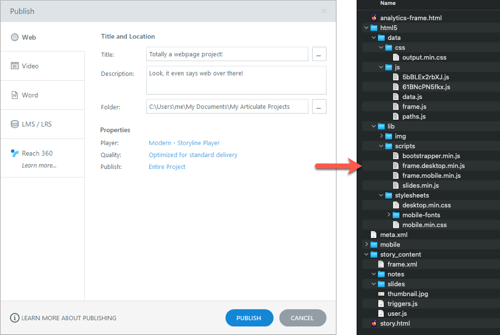 Publishing window showing options for Title, Description, Folder location, Player type, Quality, and Publish. On the right side, there is a file directory with an arrow pointing to "frame.desktop.min.js" in the scripts folder.