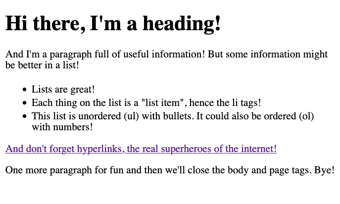 Screenshot of a webpage showing a heading, a paragraph, a bulleted list, a hyperlink, and another paragraph.